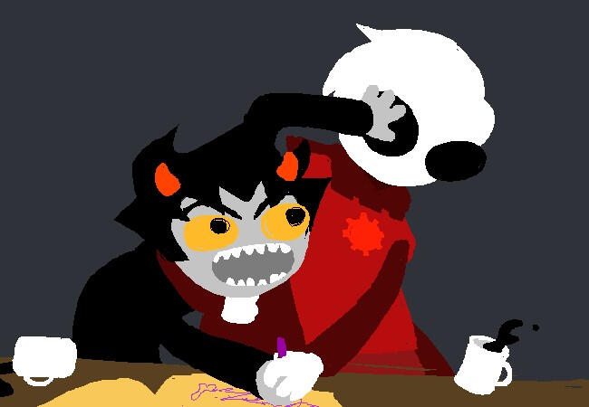 screencap of a homestuck panel; karkat trying to shove dave away